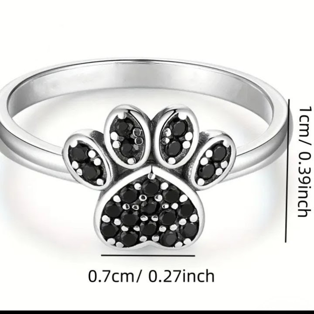 Silver Paw Print Ring with Black Rhinestones Dog Lover Jewelry - Picture 5 of 6